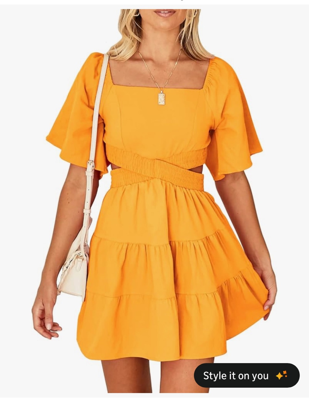 Orange Square-Neck Tiered Mini Dress